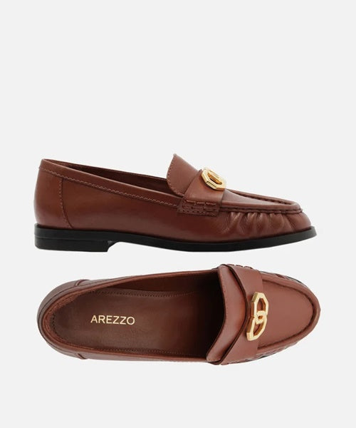 Mocassim Marrom Couro Franzido Tira Metal -
