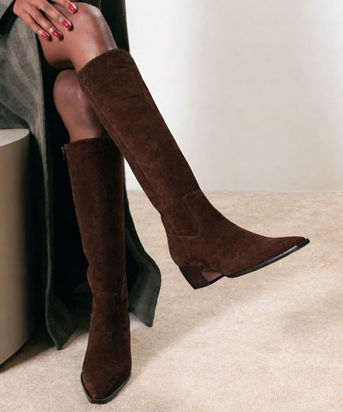 Bota Western Cano Alto em Camurça Coffee - Luiza Barcelos