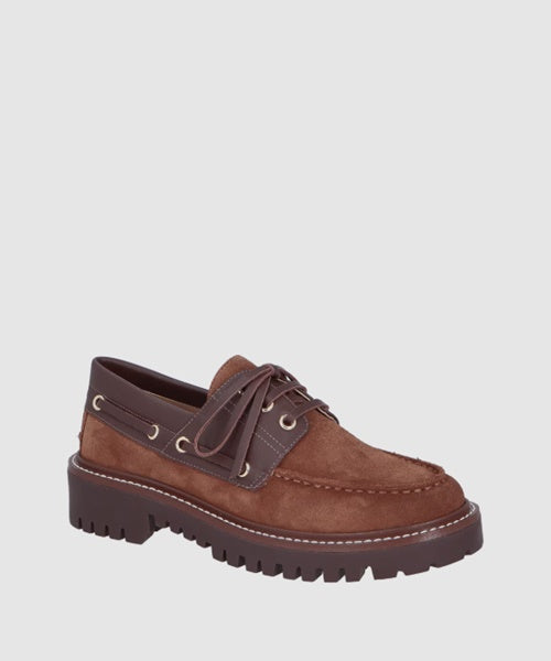 Mocassim Dockside Tratorado em Camurça Caramelo e Detalhes em Couro Marrom Café