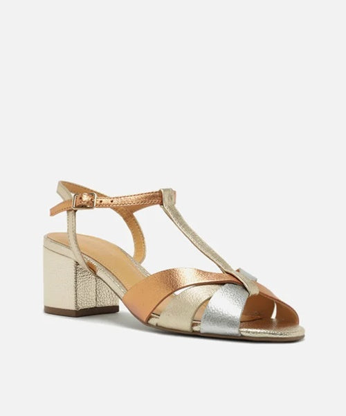 Sandália Dourada Salto Bloco Médio