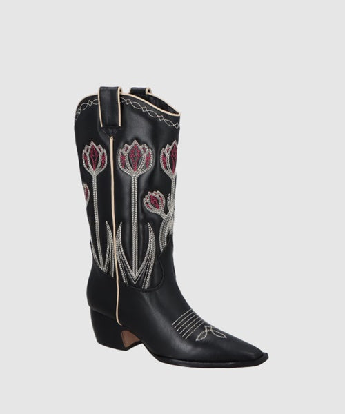 Bota Western Cano Médio em Couro Preto Bordado