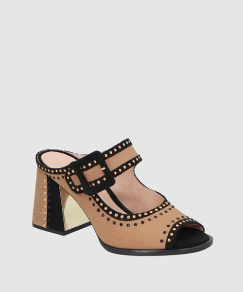 - Mule Peep Toe em Camurça Bege