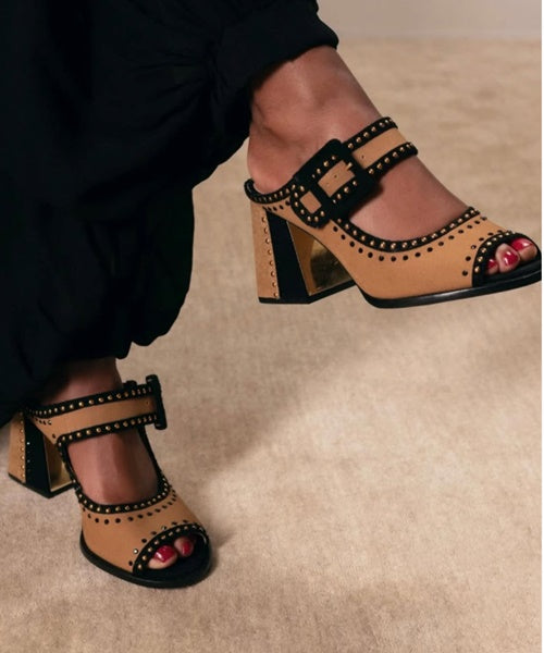 - Mule Peep Toe em Camurça Bege
