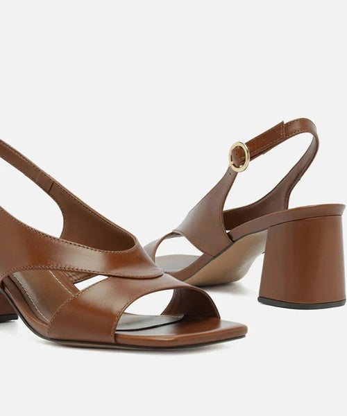 Sandália Marrom Couro Salto Bloco Slingback Tiras