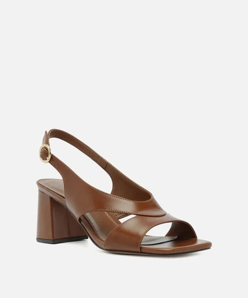 Sandália Marrom Couro Salto Bloco Slingback Tiras