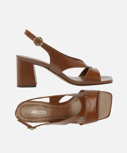 Sandália Marrom Couro Salto Bloco Slingback Tiras