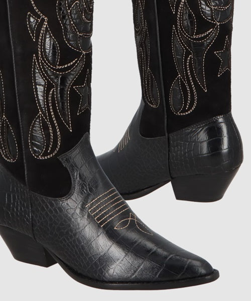 -Bota Western Couro e Camurça Preto