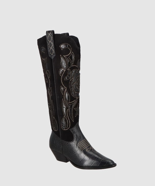 -Bota Western Couro e Camurça Preto