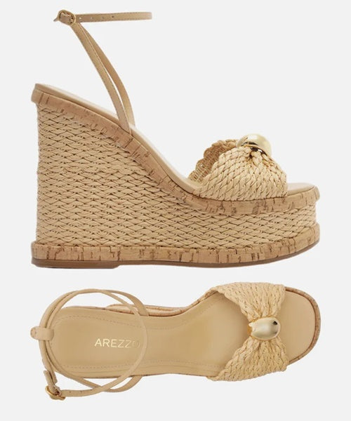 Sandália Bege Palha Plataforma Tira Metal