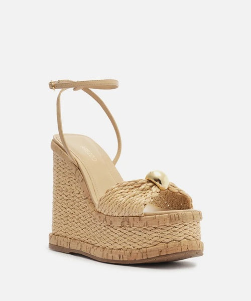 Sandália Bege Palha Plataforma Tira Metal