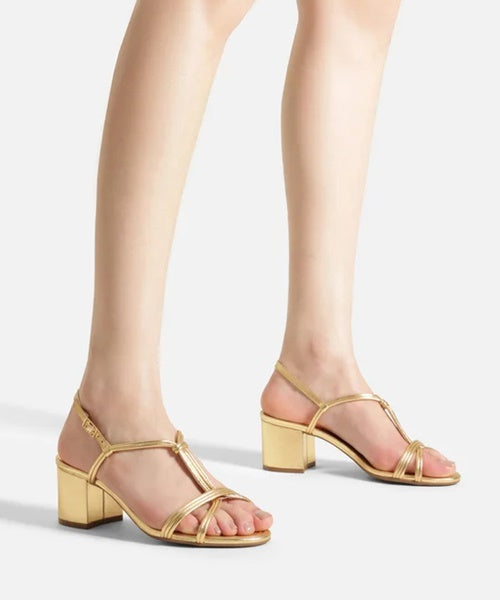 Sandália Dourada Salto Médio Bloco Tiras Textura