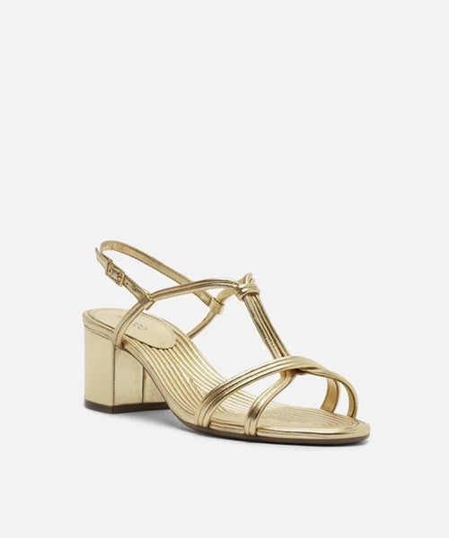 Sandália Dourada Salto Médio Bloco Tiras Textura