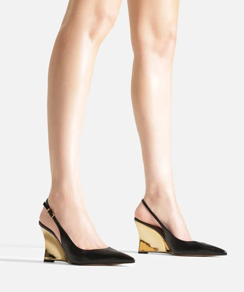 Scarpin Preto Couro Anabela Dourado Slingback