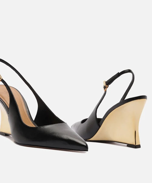 Scarpin Preto Couro Anabela Dourado Slingback