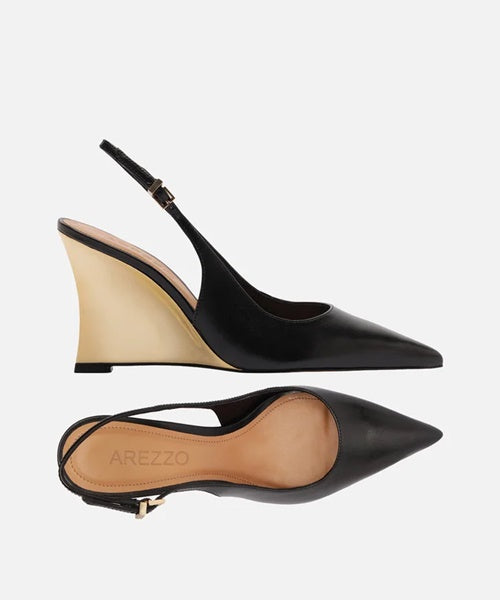 Scarpin Preto Couro Anabela Dourado Slingback