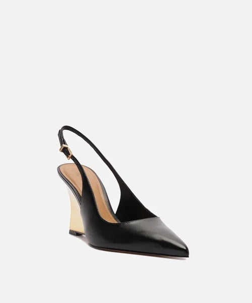 Scarpin Preto Couro Anabela Dourado Slingback