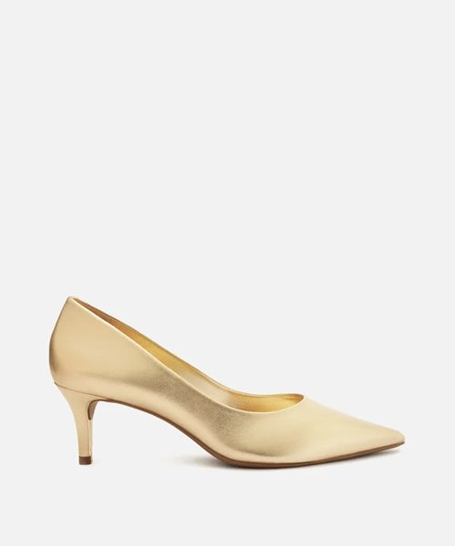 Scarpin Dourado Couro Salto Baixo Fino