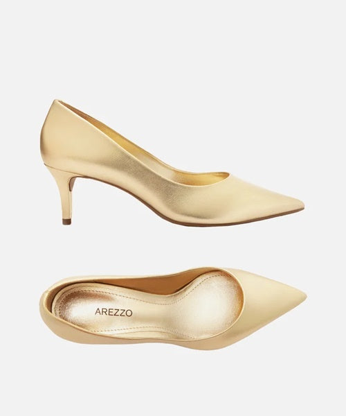 Scarpin Dourado Couro Salto Baixo Fino