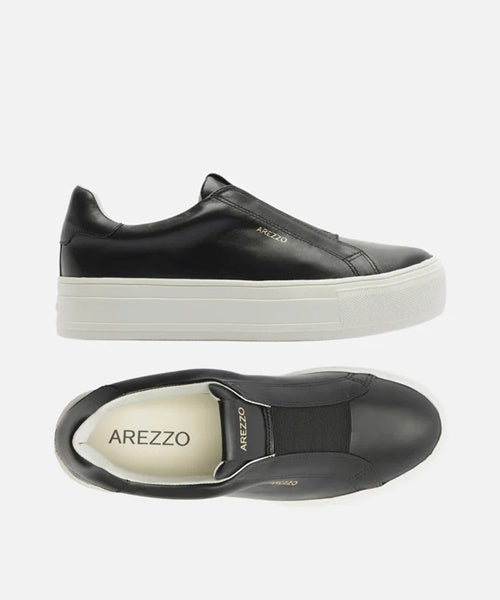 Tênis Preto Couro Flatform Metal Dourado