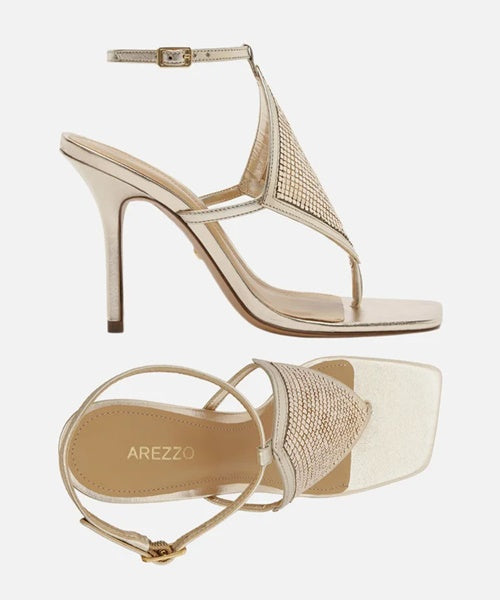 Sandália Dourada Salto Alto Losango Tela