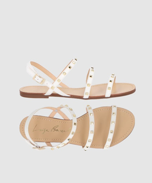 Sandália Rasteira Couro Off White Tiras com Pirâmides