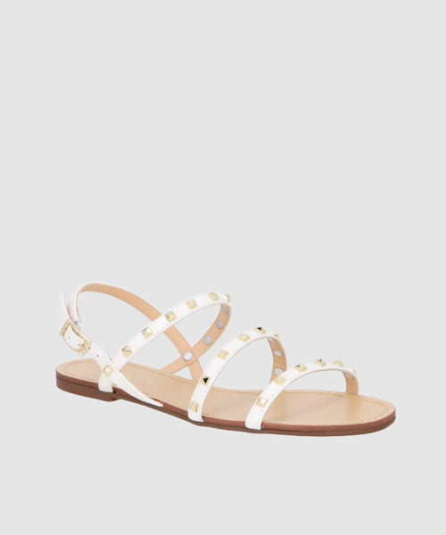 Sandália Rasteira Couro Off White Tiras com Pirâmides