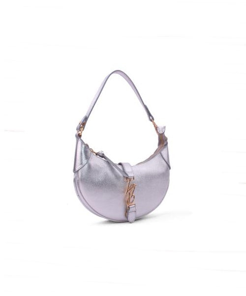 Bolsa Média em Couro Prata com Detalhe Ouro