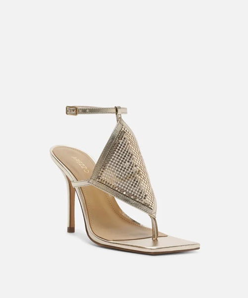 Sandália Dourada Salto Alto Losango Tela