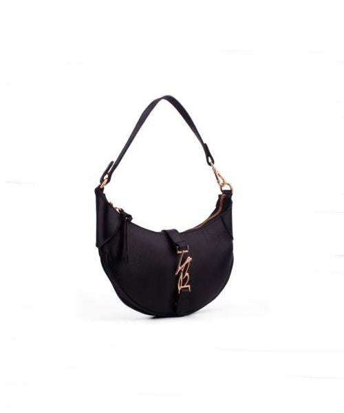 Bolsa Média em Couro Preto com Detalhe Ouro