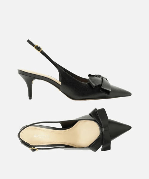 Scarpin Preto Couro Slingback Laço Lateral