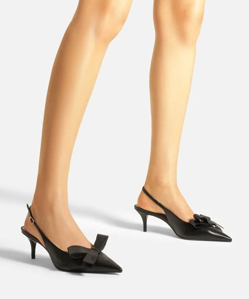 Scarpin Preto Couro Slingback Laço Lateral