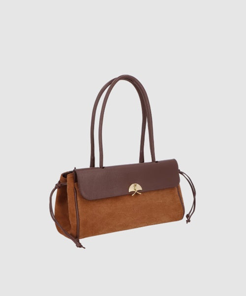 Bolsa Média Camurça Caramelo e Couro Marrom com Bordado