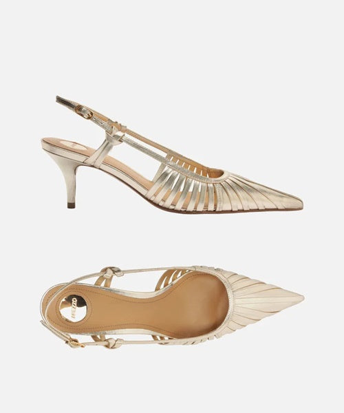 Scarpin Dourada Salto Fino Fivela Slingback