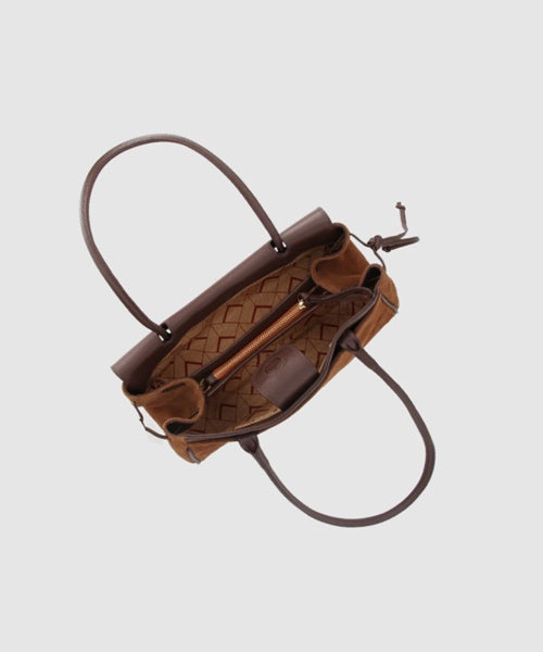 Bolsa Média Camurça Caramelo e Couro Marrom com Bordado