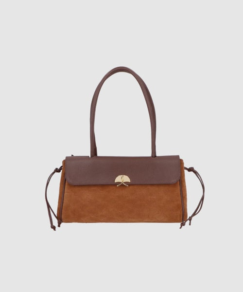 Bolsa Média Camurça Caramelo e Couro Marrom com Bordado