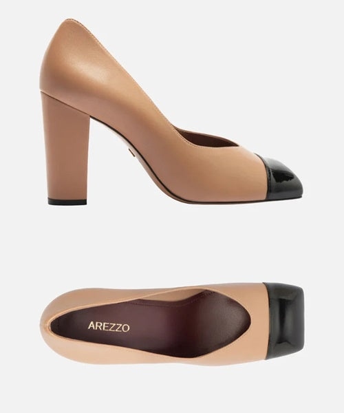 Scarpin Nude Multimaterial Salto Bloco