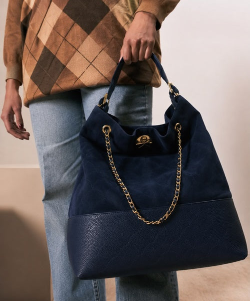 Bolsa Grande em Couro e Camurça Azul