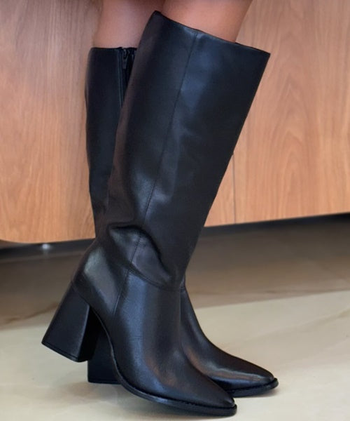 Bota Couro Zâmbia Cano Longo Salto Bloco Preto - Lialine