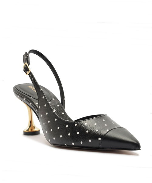 Scarpin Slingback Estampa de Poá Salto Taça Metálico Dourado
