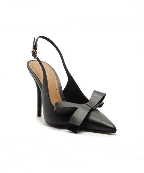Scarpin Preto Couro Salto Alto Slingback Laço Lateral