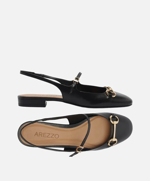 Sapatilha Preta Couro Bico Redondo Bridão Slingback
