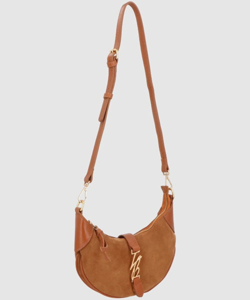 Bolsa Média em Couro e Camurça Caramelo com Detalhe Ouro
