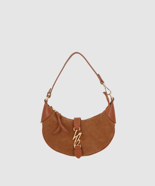 Bolsa Média em Couro e Camurça Caramelo com Detalhe Ouro
