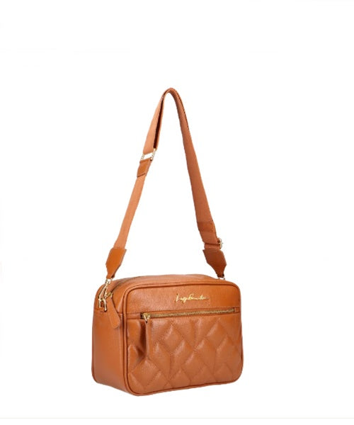 Bolsa Média em Couro Caramelo com Matelassê e Alça em Tecido