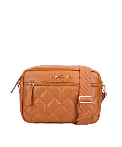 Bolsa Média em Couro Caramelo com Matelassê e Alça em Tecido