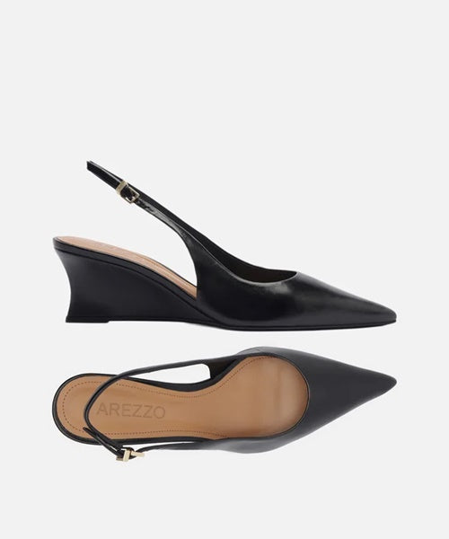 Scarpin Preto Couro Salto Baixo Anabela Slingback