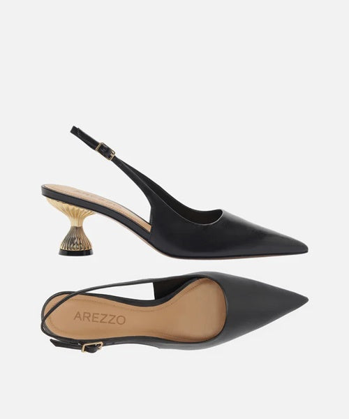 Scarpin Preto Couro Salto Geométrico Slingback