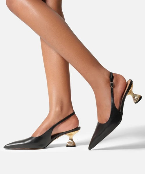 Scarpin Preto Couro Salto Geométrico Slingback