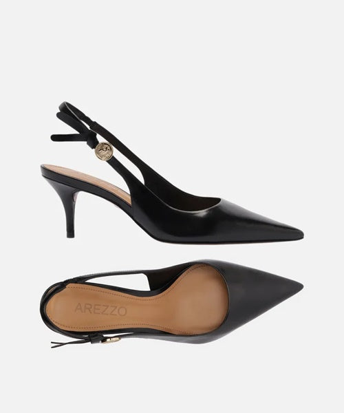 Scarpin Preto Couro Slingback Metal Heritage
