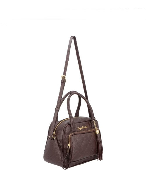 Bolsa Matelassê com Bolso Frontal em Couro Café Média
